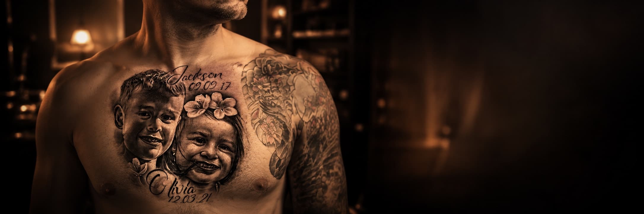 Memorial black and grey portrait tattoo of children Jackson and Olivia with birth dates on the chest at Bloodline Tattoo Bangkok